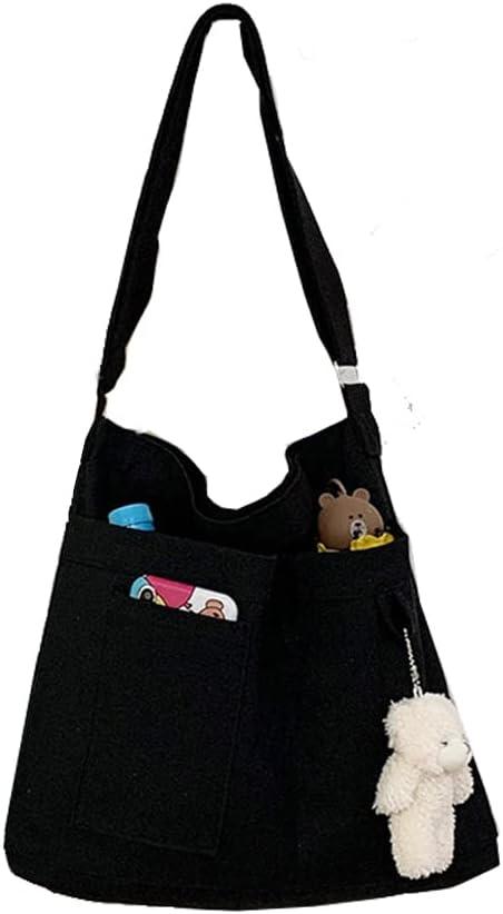 Economical Cotton Canvas Tote Bag,Women Hobo Shoulder Bag Crossbody Handbag with 3 External Pocket,Zipper Closure