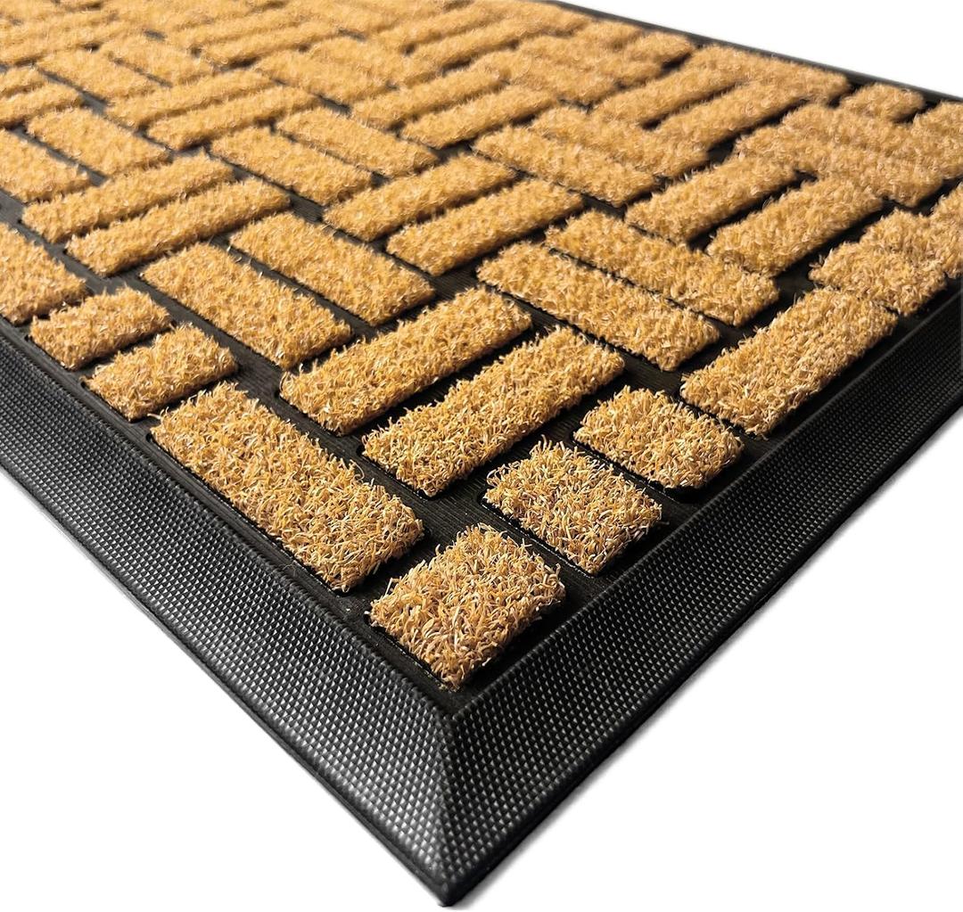 MATALL Front Door Mat Outside Entrance - 36x17 Inches Coir-Like Yellow Welcome Matt, Dirt-Trapping Non-Slip Low-Profile Indoor and Outdoor Mat for Apartment, Patio, Covered Porch, or Back Door