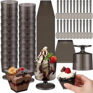 Funnymoom 100 Pack 2oz Mini Dessert Cups with Spoons Small Clear Plastic Dessert Parfait Cup Square Appetizer Pudding Cups Round Goblet Shooters for Pudding Fruit Yogurt Ice Cream Mousse (Black)