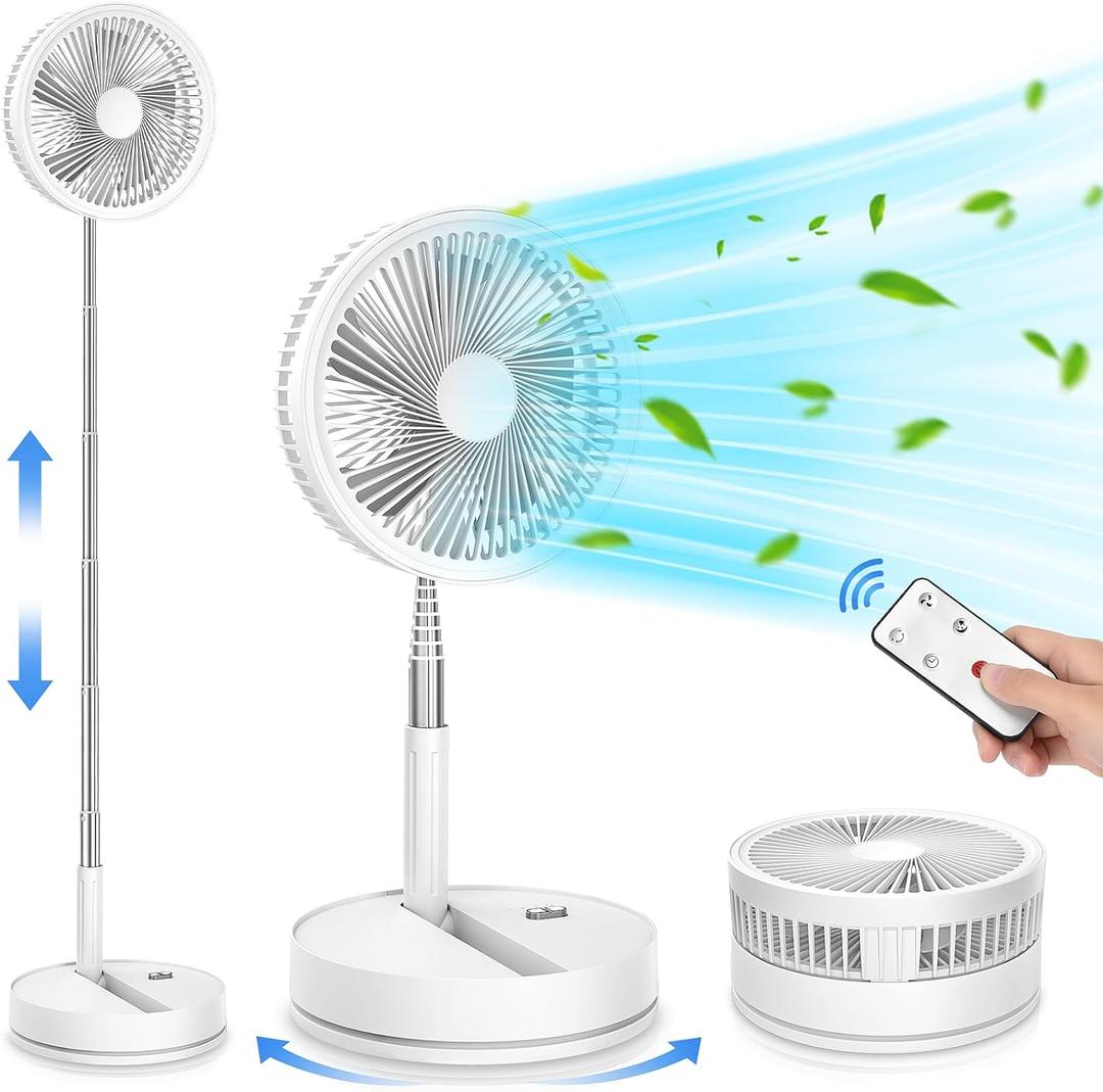LIPETY Portable Foldable Rechargeable Oscillating Fan - 9" 7200mah Battery Operated USB C Small Fan Remote, Quiet Table Desk Fan Folding Standing Pedestal Fans for Bedroom Rome Office Camping Travel (white)