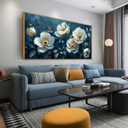 Ouzzlie Large Flower Wall Decor Blue Wall Art for Living Room Office Gold Butterfly Picture Artwork Canvas 29" x 59" (White)