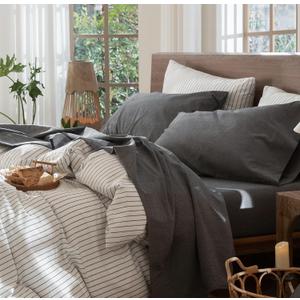 MooMee Bedding Sheet Set 100% Washed Cotton Linen Like Textured Breathable Durable Soft Comfy (Heathered Dark Grey, Queen)