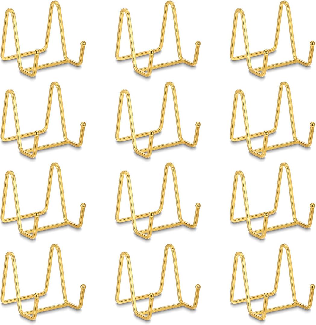 12 PCS Gold Small Plate Holder, 3 Inch Plate Display Stand Photo Stands for Table Display Small Easel Stand Decoration for Kitchens, Living Rooms, Desks, Offices, Dining Rooms and Cafes