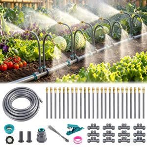 39 FT Drip Irrigation System - Double-Head 360 Adjustable Garden Watering System with 24 Spray Nozzles, Garden Atomizing Misting System & Irrigation System for Garden, Greenhouse, Yard, Lawn, Plants