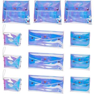 CRASPIRE 12Pcs Holographic Makeup Bag Travel Cosmetic Pouch Organizer 4 Style Clear Transparent Iridescent Wallets PVC Laser Coin Purse Organizer Hologram Handbag for Money Earphones Women