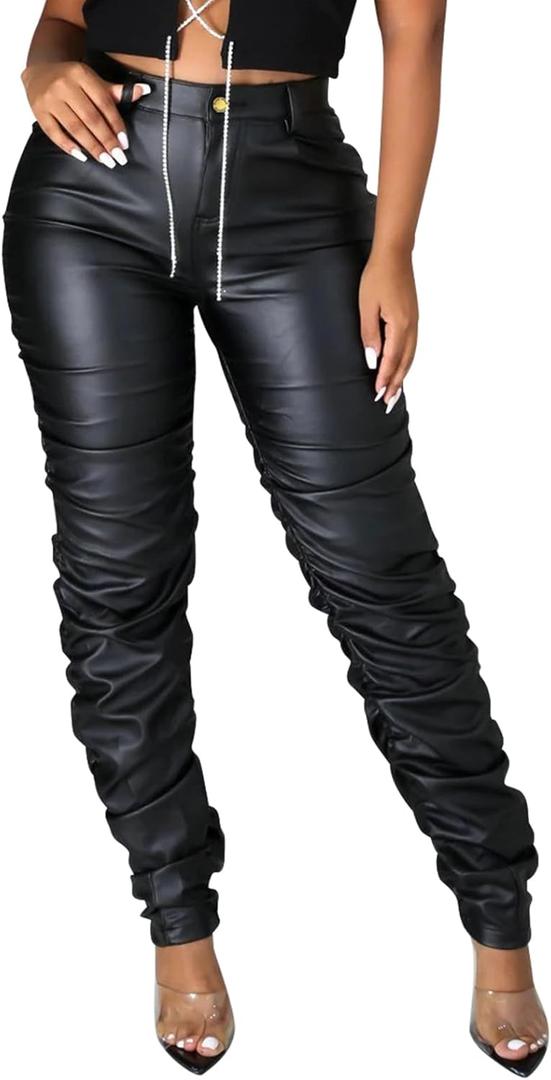 hibshaby Pleather Pants for Women Plus Size, Sexy Club Faux Leather Pants Bodycon High Waist Ruched Stacked Legging Black XL