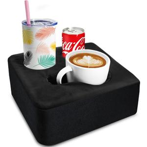 Couch Cup Holder Pillow Tray & Caddy - for Sofa, Bed, Car, Man Cave | Keep Drinks at Hand & Spill-Proof Accessories for New Parents, Camping, Park, Boat, Beach -Black (9.4" x 9.4" x 3.9")