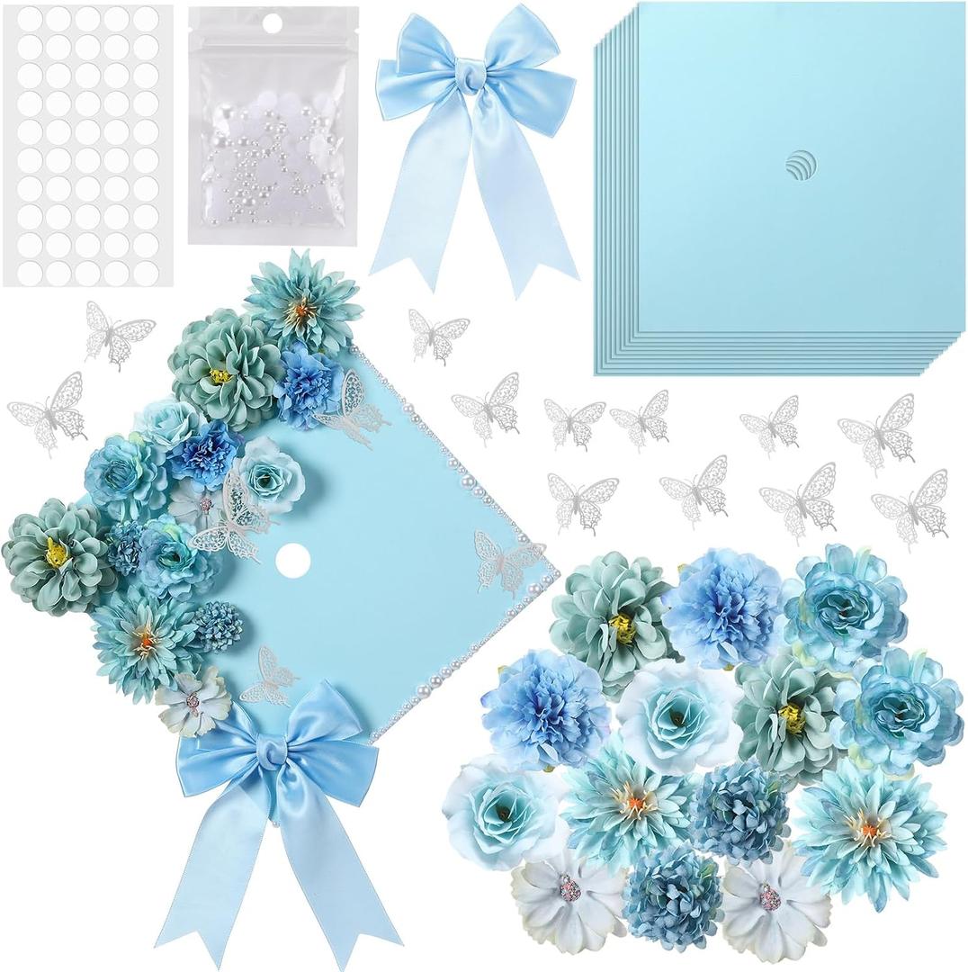 MotiMind 41 Pcs Blue DIY Graduation Cap Decoration Kit, Grad Cap Decorations Grad Hat Topper Faux Assorted Flowers Bows 3D Cream Construction Paper Butterfly Stickers Pearl Adhesive Dots