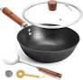 WANGYUANJI Cast Iron Wok Pan with Lid, 10.2 Inch Small Flat Bottom Stir Fry Skillet, Uncoated Traditional Chinese Iron Pot for 12 People, Compatible with Induction & Gas Stoves