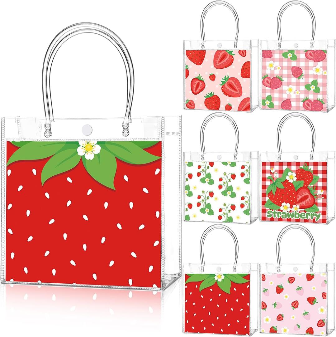 24 Pcs Strawberry Party Favor Bags Clear PVC Goodie Treat Tote Gift Bags with Handles Strawberry Theme Birthday Party Supplies