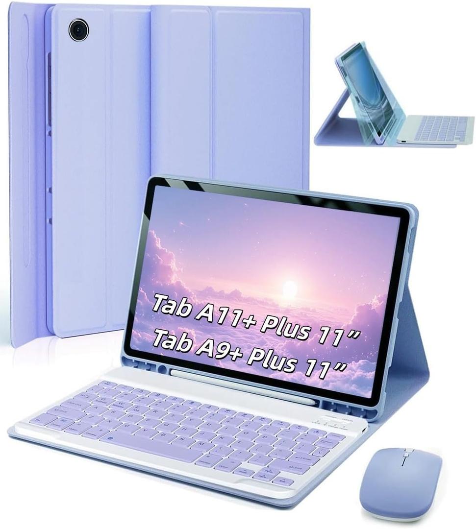 TUNKARMOR Case Keyboard for Samsung Galaxy Tab A9+ / A11+ Plus 2023/2025 11 Inch - Mouse and Detachable Magnetic Keyboard, Slim Case with S Pen Holder, Auto Sleep/Wake (Purple)