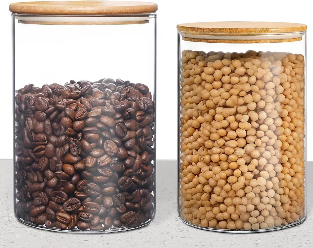 Small Size 33+17 oz Glass Food Storage Jars with Airtight Lids, Clear Glass Jar with Bamboo Lid, Airtight Food Canister for Tea, Candy, Coffee, Sugar, Cookie, Snack (Round | 5+6 Inch)