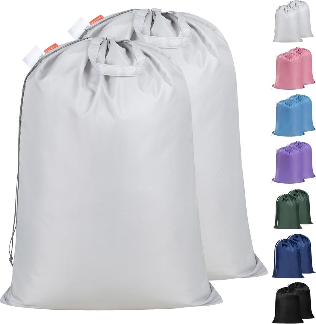Polecasa Extra Heavy Duty Large Laundry Bag with Sturdy Handles and Drawstring Closure, 2 Pack 28 x 36 inches Durable Storage Bags for Basket, Hamper, College, Dorm, Travel, Silver