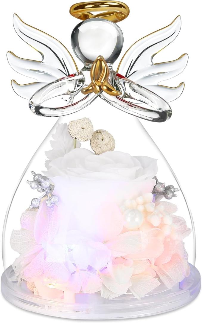 Preserved Flowers Rose in Glass Angel Figurines,Birthday Gifts for Women,Christmas Rose Gifts for Her Women Mom,Valentines Present,Light Up White Flowers for Grandma Wife Girlfriend