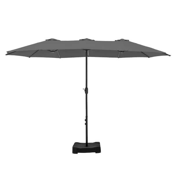 15 ft. Market Patio Umbrella 2-Side in Gray with Base and Sandbags