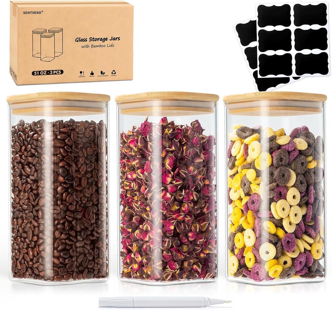 51 Oz Glass Storage Jars with Bamboo Lids - 3 Pack Clear Glass Canisters Square Airtight Stackable Ideal for Pantry Storage Containers Great for Storing Oats Coffee Beans Pasta Flour Rice etc