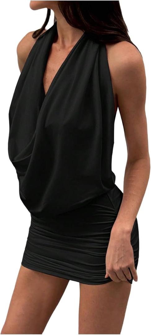 Floerns Women's Sleeveless Halter Dress Draped Cowl Neck Party Bodycon Mini Dresses (Black), XS