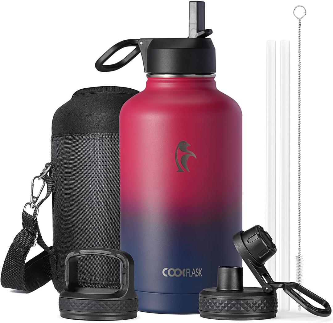 Half Gallon Water Bottle Insulated with Straw & 3 Lids, Coolflask 64 oz Water Jug Large Metal Stainless Steel Wide Mouth for Sports, Gym or Office, Non-BPA Keep Cold 48H Hot 24H, Ombre Wine/Navy