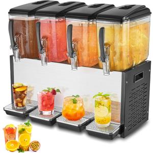VEVOR Commercial Beverage Dispenser, 4 Tanks 12 L / 12.7 QT Per Tank Juice Dispenser, 510W Stainless Steel Ice Tea Drink Machine with 45F-54F Cooling Temperature, for Cold Drink Restaurant Bar Party