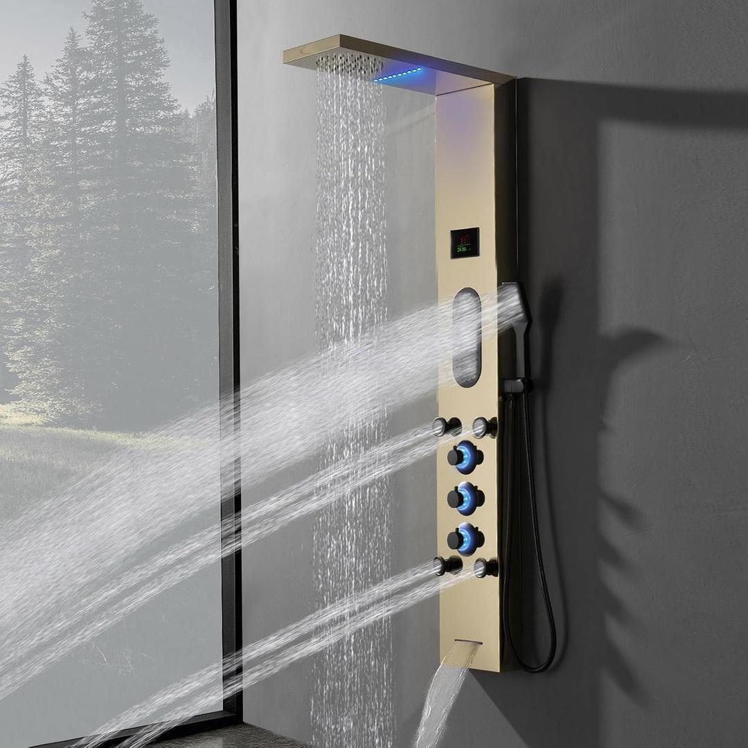Gold Shower Tower, Bathroom Shower Panel System with Large Area Body Jet Massage Shower Fixtures with Temperature Display Adjustable Body Jets Tub Spout Hand Shower, Polished Gold
