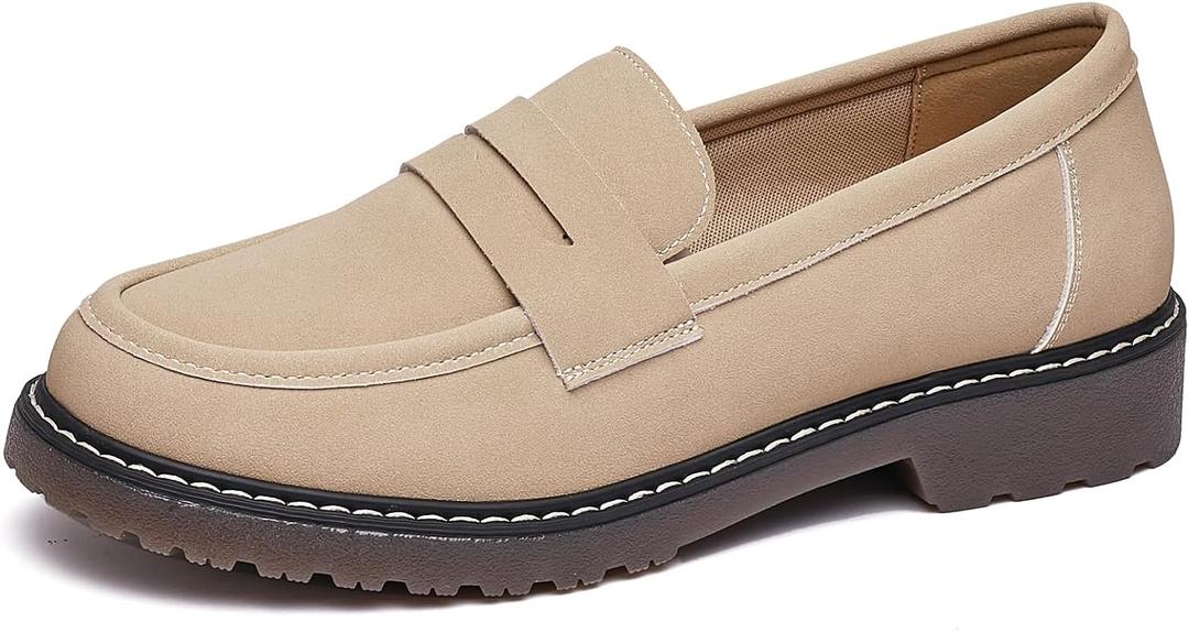 Penny Loafers for Women Business Casual Shoes Womens Platform Chunky Loafers Comfortable Dressy Slip On Work Shoes (8, Suede Beige)