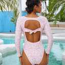 One Piece Bathing Suit for Women Long Sleeve High Cut Back Tie Knot Swimsuit Scoop Neck Cutout Athletic Swimwear (S)