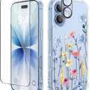 GVIEWIN for iPhone 17 Case, with Screen Protector+Camera Lens Protector, [NonYellowing] Clear Floral Slim Shockproof Protective Hard PC Back Women Phone Case for iPhone 17 6.3", Aconite/Light Blue