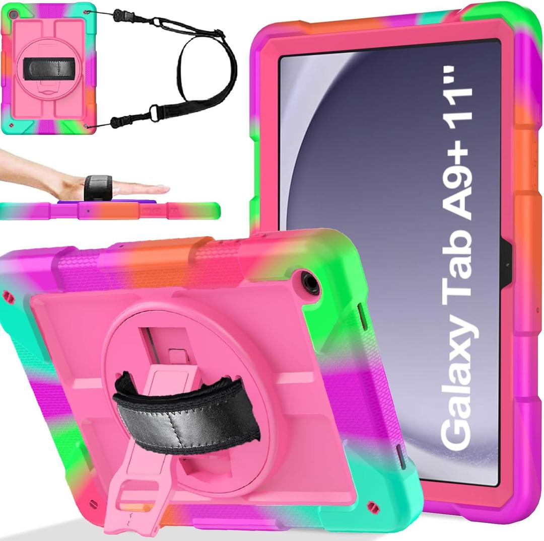 BMOUO CASE for Samsung Galaxy Tab A9+ Plus Case 11" 2023 (SM-X210/X216/X218), Shockproof Galaxy Tab A9 Plus Case with Rotating Stand and Hand/Shoulder Strap, Magenta