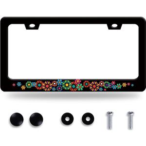 Colorful Hippie Flowers License Plate Frame Beautiful Floral License Plate Frames Stainless Steel Accessories Cars Decor with 2 Holes and Screws Fits Standard US CA Vehicles Size 12.2 x 6 Inches
