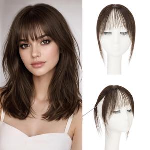 Clip in Bangs, Fake Bangs,Curtain Bang Hair Clip,3D 360Seamless Coverage French Air Bang Lightweight Human Hair Toppers 9g/10#02 Dark Brown,Natural Look for Daily Party Wedding Dating