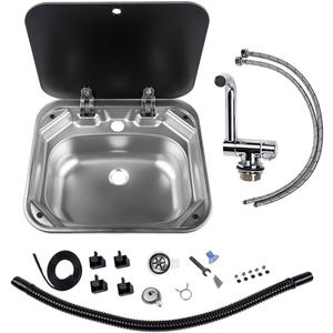 Square Single Bowl RV Sink with Folding Lid and Faucet (Cold/Hot) Stainless Steel Hand Wash Basin Sink for RV Camper Caravan Boat Home 16.5"D x 14.3"W x 6.3"H