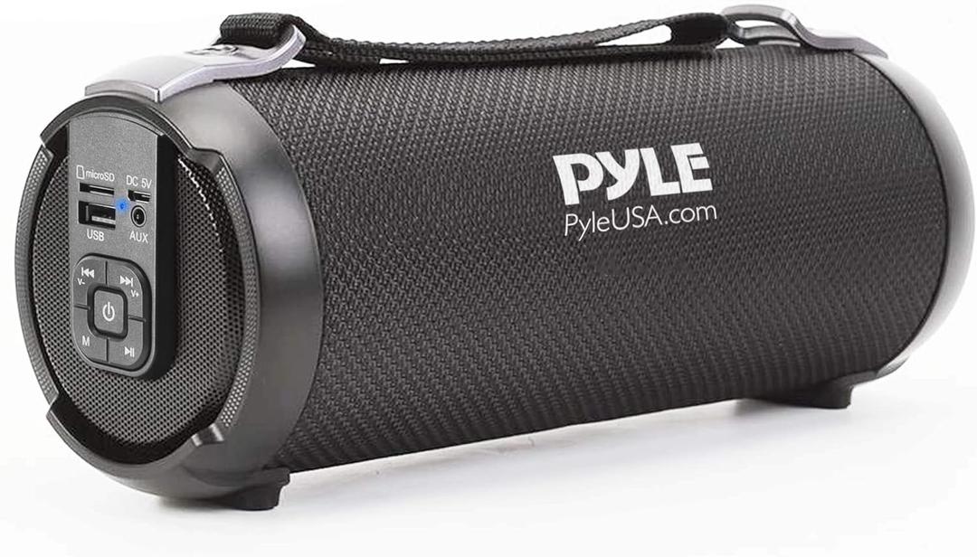 Pyle Wireless Portable Bluetooth Boombox Speaker  Rechargeable Music Barrel with AUX Input, USB/SD/MP3 Playback, FM Radio, 2.5" Tweeter  Loud Stereo Sound for Travel, Parties, Outdoors (PBMSPG3BK)