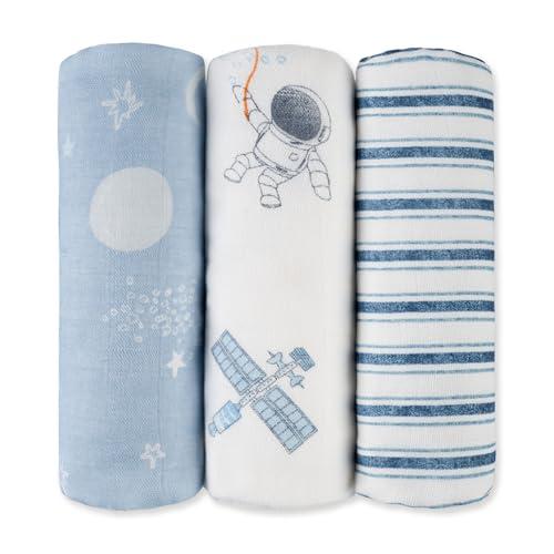 GLLQUEN BABY Receiving Blanket Boy Cotton Muslin Swaddle Blankets Girl Newborn Squares Breathable & Soft Thin Baby Blankets Cloths Double Absorbent Infant Swaddling Wrap - 3 Pack (Blue Astronaut)