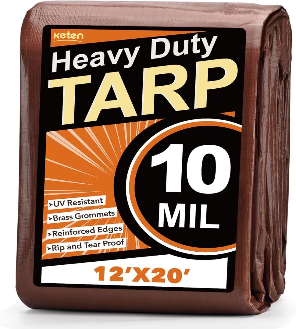 Keten Tarps Heavy Duty Waterproof 12X20Ft, 10 Mil Thick Multipurpose Poly Tarp Tear & Fade Resistant, UV Blocking, Outdoor Tarp with Reinforced Grommets for Roof, Camping, Patio, Pool (Brown/Silver)