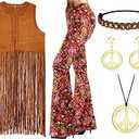 Geyoga Women 70s Hippie Costume Set Boho Fringe Vest Flared Pant Cardigan Peace Sign Earrings for Carnival Halloween Costume Party (Retro, Medium)