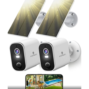 SYMYNELEC 2K Solar Security Cameras Wireless Outdoor 2-Pack, Home Security System with Color Night Vision, Person Detection, Waterproof, Compatible with Alexa, 2.4GHz WiFi