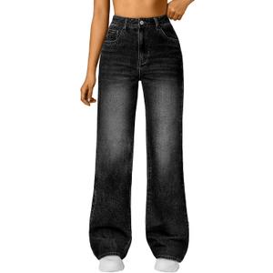 Trendy Queen Women's High Waisted Straight Wide Leg Jeans, Comfort Stretch Baggy Denim Pants (Black, L)