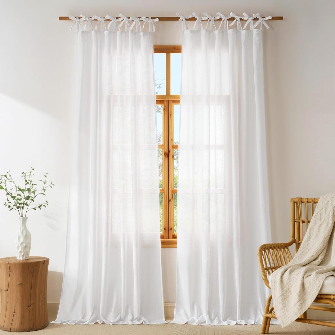 NICETOWN Thick White Linen Curtains 96 inches Long for Bedroom, Adjustable Tie Top Curtains & Drapes Privacy with Light Filtering for Girls Room/Living Room, W52 x L96, 2 Panels