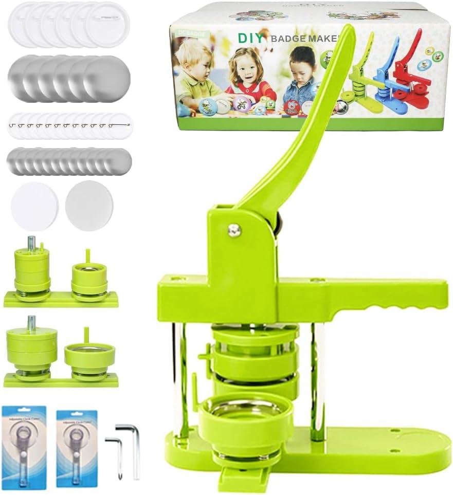 Button Maker Machine Multiple-Sizes, DIY Pin Button Maker Machine Kit with Interchangeable Button-Models&Free Button Parts&Circle Cutter&Wrench Gadget (Green, 32+58mm)