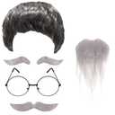 Gvhntk Old Man Wig And Mustache Set Old Man Costume Kit Grandpa Costume Accessories Grey Wig Fake Beard Eyebrows Glasses for Men Adults Teens for Halloween