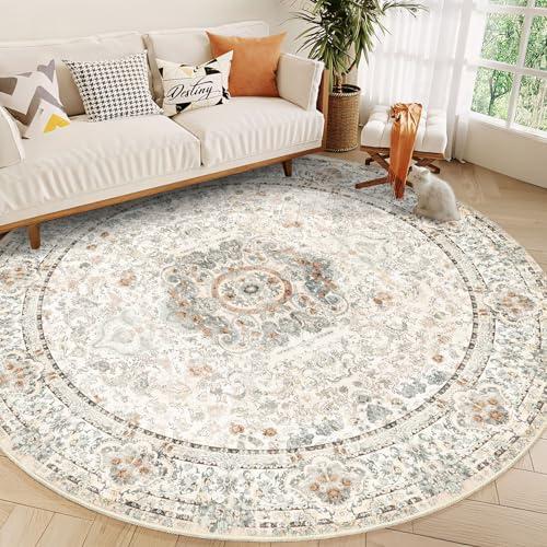 Castage Round Rug 9ft,Large Boho Circle Area Rugs for Bedroom Living Room,Beige Washable Vintage Bohemian Distressed Oriental Floral Carpet Non Slip
