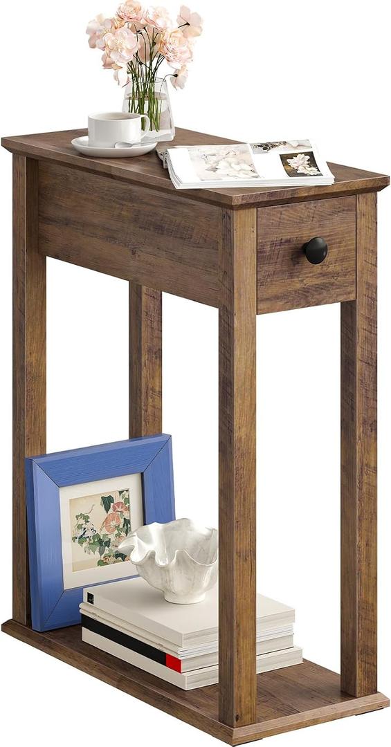 CHOEZON Farmhouse End Table, 2-Tier Narrow Side Table with Drawer, Wooden Nightstand, for Small Space, Living Room, Bedroom, 18.8"L x 8.6"W x 23.7"H