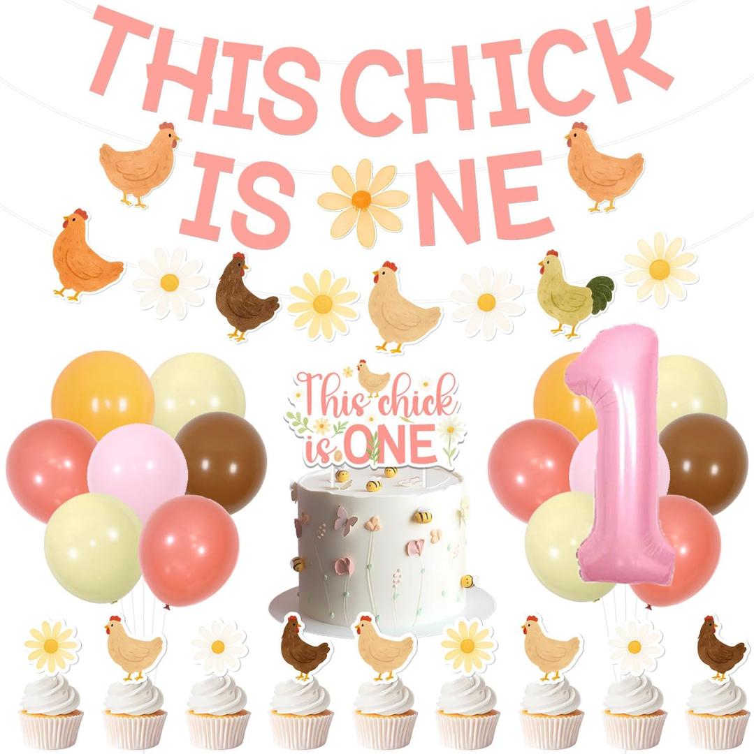 Chicken 1st Birthday Party Decorations, Chicken Floral This Chick Is One Banner Garland Farm Animal Theme Cake and Cupcake Toppers Balloons Set for Girls Hen Theme 1st Birthday Party Supplies