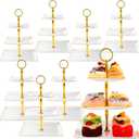 Teenyyou 8 Pack 3 Tier Cupcake Stand Bulk White Tiered Dessert Stand Thick Plastic Square Serving Tray with Gold Edges Dessert Table Display Set Tea Cake Holder for Wedding Birthday Party