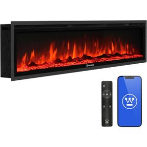 Westinghouse 60 Inch Electric Fireplace Heater, Compatible with Alexa & Google Home, Wall Mount or in-Wall Recessed Fireplace Insert, 24 Hour Timer, Color Changing Flames, 750W/1500W Indoor Heater