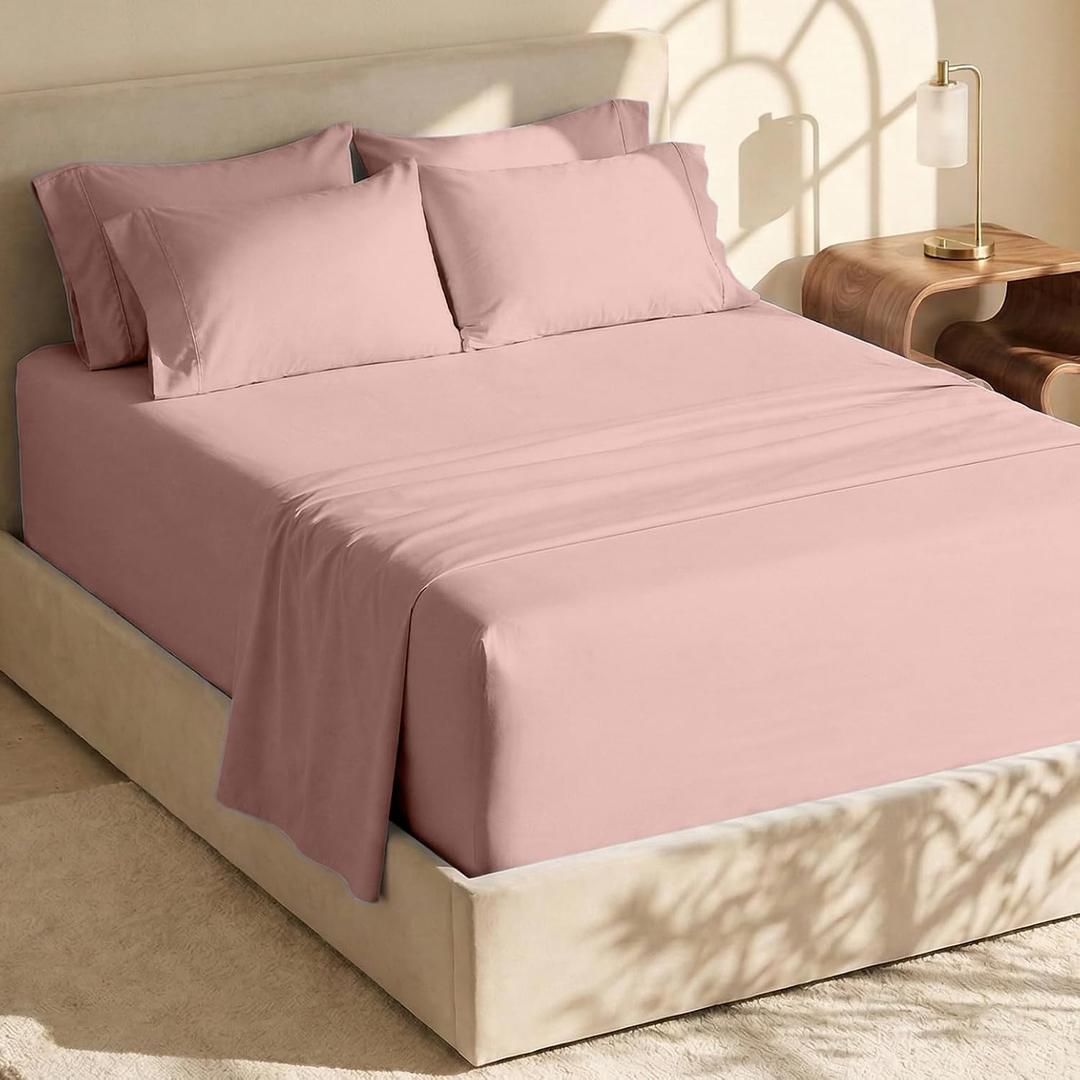 Hearth & Harbor Bed Sheets, Luxury Soft 6 Piece Bed Sheet Set Extra Deep Pocket Fitted Sheets Fits Mattress up to 21", Double Brushed Bedding Sheets & Pillowcases, (King, Peach Pink)