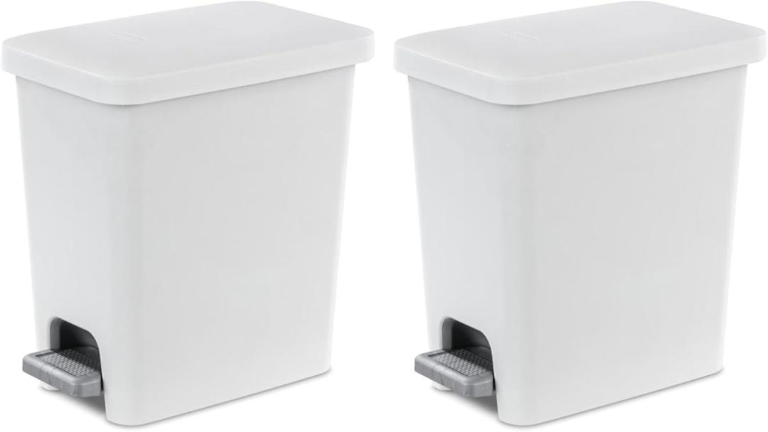Sterilite 2.7 Gallon Rectangular StepOn Wastebasket, Small, White lid and base with Titanium pedal and Liner