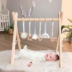 Foldable Wooden Baby Play Gym with 6 Sensory Toys – Montessori Activity Center for Newborns, No-Tool Assembly, Natural Wood Indoor Gym for Infant Motor Development & Tummy Time