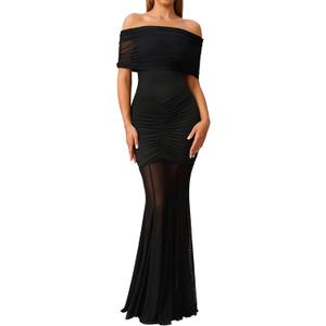 HTZMO Women Sexy Off Shoulder Bodycon Maxi Dress Strapless Ruched Wedding Guest Formal Party Long Dresses (S)