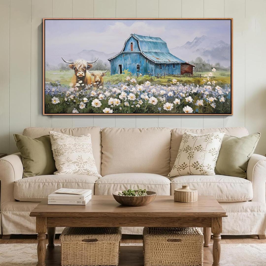 Anolyfi Highland Cow Farmhouse Wall Art for Living Room, Blue Barn Paintings Warm and Cozy Decor for Bedroom Dining Room Home Hallway, Framed 58"x29", 58.1"L x 29.1"W